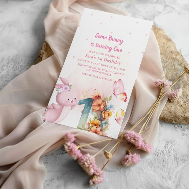Elegant Bunny First 1st Birthday Baby Girl  Invitation (Creator Uploaded)