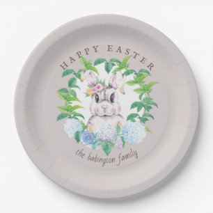 Elegant Bunny Floral Wreath Easter Personalised Paper Plate