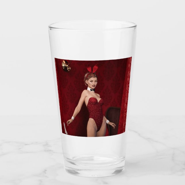 Elegant Bunny Girl on Red Velvet Curtain Glass (Front)