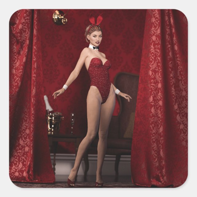 Elegant Bunny Girl on Red Velvet Curtain Square Sticker (Front)