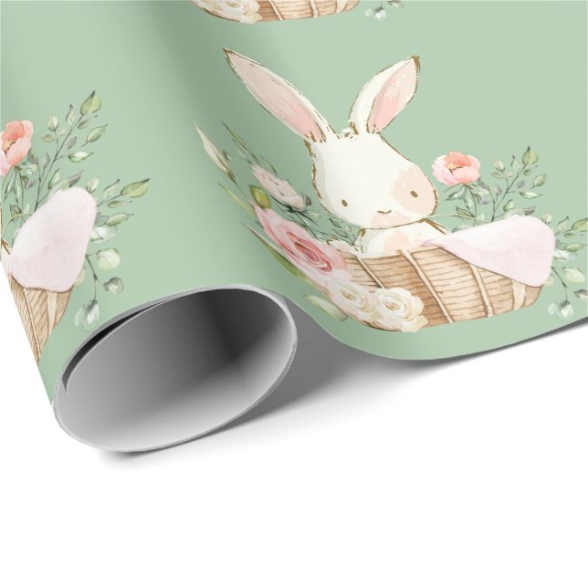 Elegant Bunny Rabbit Baby Shower Green Wrapping Paper (Roll Corner)