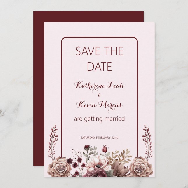  Elegant Burgandy Dusty Rose Floral Save the Date Invitation (Front/Back)