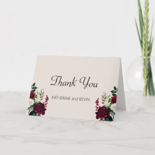 Elegant Burgandy Green Cream Floral Thank You Card