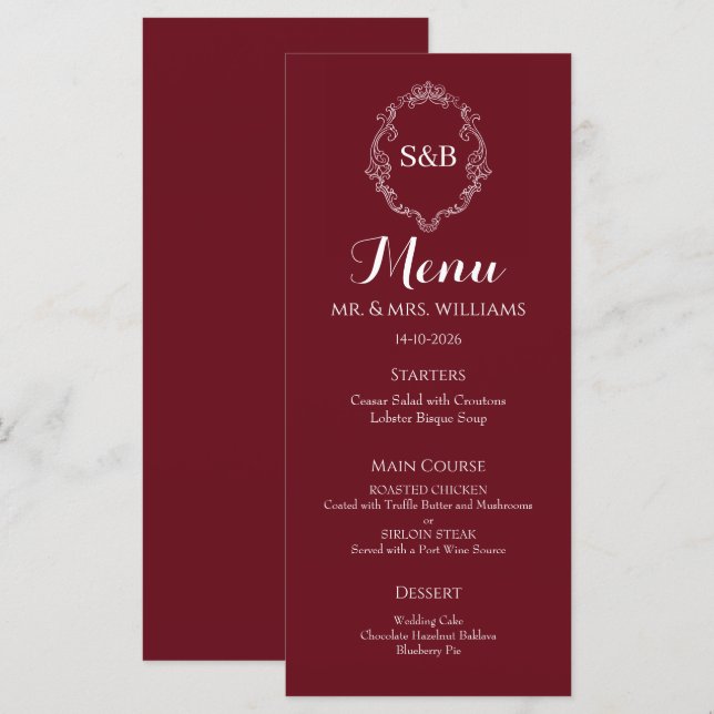 Elegant Burgundry Monogram Wedding Menu (Front/Back)