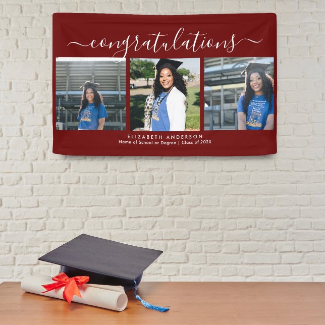 Elegant Burgundy 3 Photo Collage Graduation Banner (Creator Uploaded)