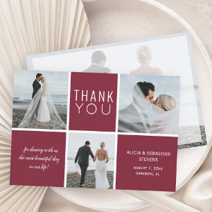 Elegant burgundy 3 photo collage wedding thank you