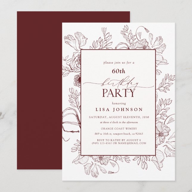 Elegant Burgundy 60th Birthday Floral Line Art  Invitation (Front/Back)
