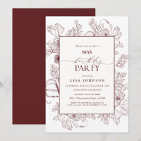 Elegant Burgundy 60th Birthday Floral Line Art 