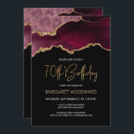 Elegant Burgundy Agate 70th Birthday Party Invitation<br><div class="desc">This trendy 70th birthday invitation features a watercolor image of an agate geode in shades of burgundy with faux gold highlights. The words "70th Birthday" appear in faux gold glitter in decorative modern handwriting font. Customise it with the name of the honoree in gold coloured text and the details in...</div>