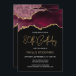 Elegant Burgundy Agate 80th Birthday Invitation<br><div class="desc">This elegant 80th birthday invitation features a watercolor image of an agate geode in shades of burgundy with faux gold highlights. The words "80th Birthday" appear in faux gold glitter in decorative modern handwriting font. Customise it with the name of the honoree in gold coloured text and the details in...</div>