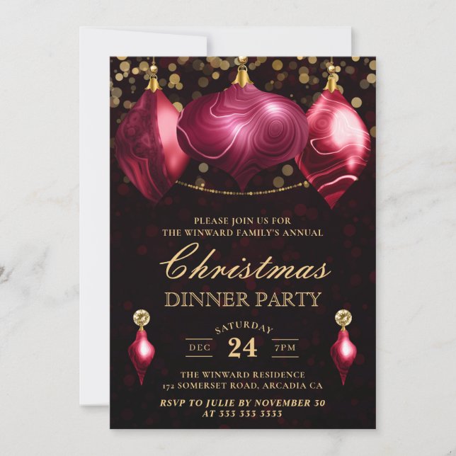 Elegant Burgundy Agate Baubles Christmas Dinner Invitation (Front)