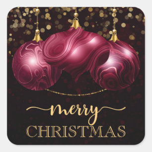 Elegant Burgundy Agate Baubles Merry Christmas Square Sticker