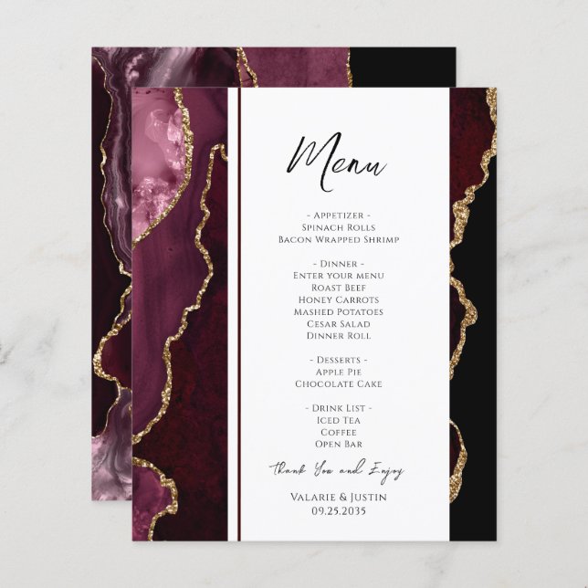 Elegant Burgundy Agate Event Menu (Front/Back)