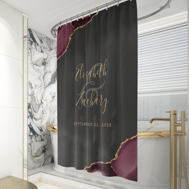 Elegant Burgundy Agate Gold Newlywed Names Wedding Shower Curtain (Creator Uploaded)