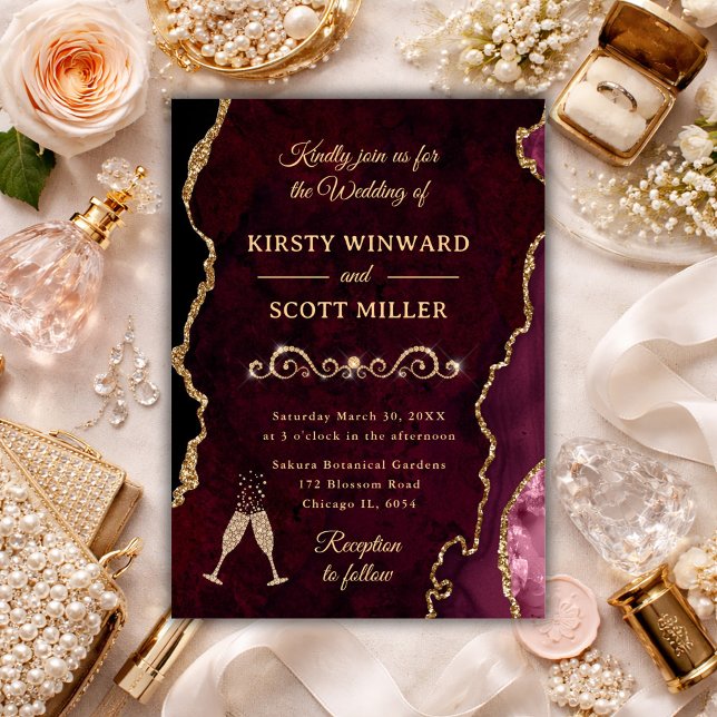 Elegant Burgundy Agate & Gold Wedding Invitation (Creator Uploaded)