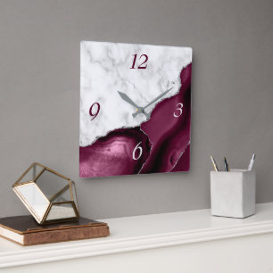 Elegant Burgundy Agate Silver Glitter Marble Square Wall Clock