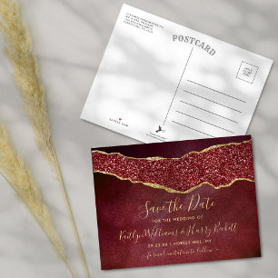 Elegant Burgundy Agate Wedding Save The Date Announcement Postcard
