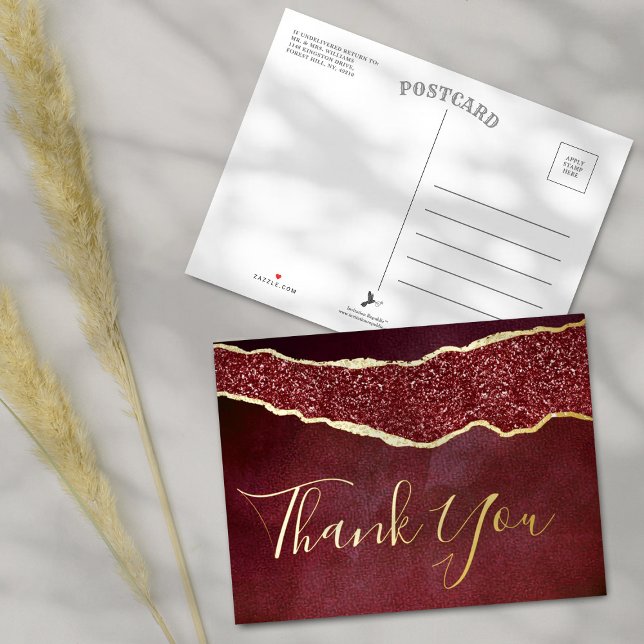 Elegant Burgundy Agate Wedding Thank You Real Foil Invitation Postcard (Creator Uploaded)