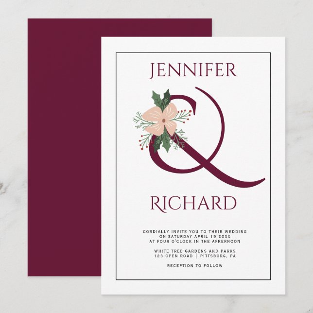 Elegant burgundy ampersand and pink flower wedding invitation (Front/Back)