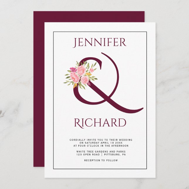 Elegant burgundy ampersand and pink roses wedding invitation (Front/Back)