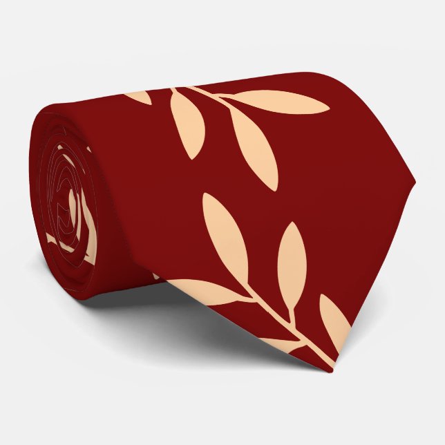 Elegant Burgundy and Beige Botanical Leaf Pattern Tie (Rolled)