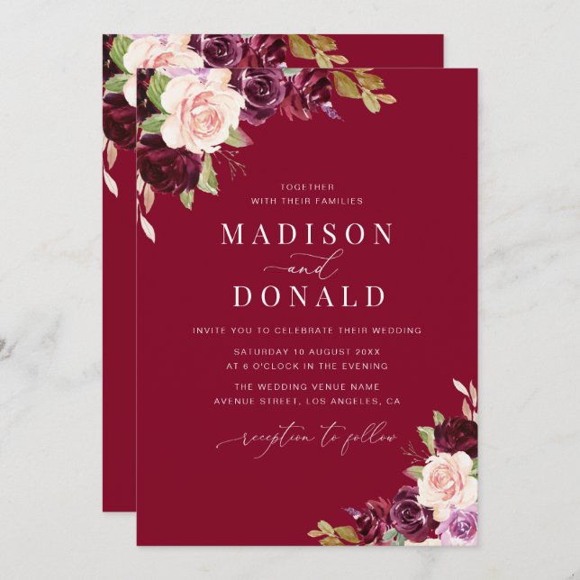 elegant burgundy and blush floral wedding invitation (Front/Back)