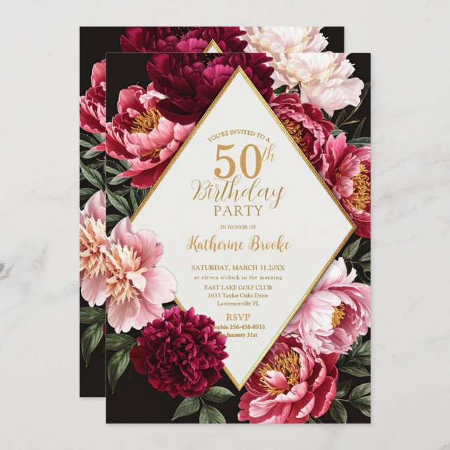 Elegant Burgundy and Blush Peony Floral Birthday Invitation (Front/Back)