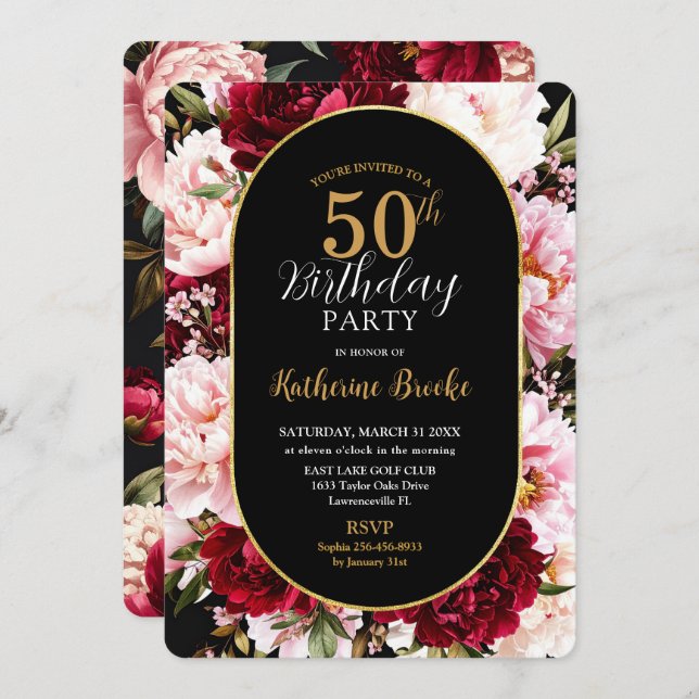 Elegant Burgundy and Blush Peony Floral Birthday Invitation (Front/Back)