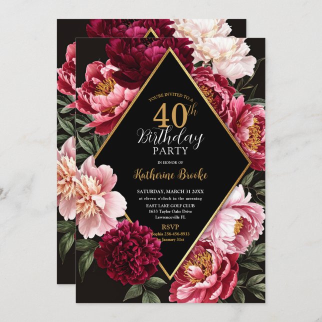 Elegant Burgundy and Blush Peony Floral Birthday Invitation (Front/Back)