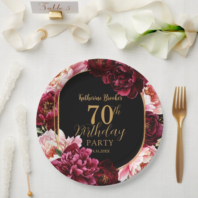 Elegant Burgundy and Blush Peony Floral Birthday Paper Plate (Wedding)
