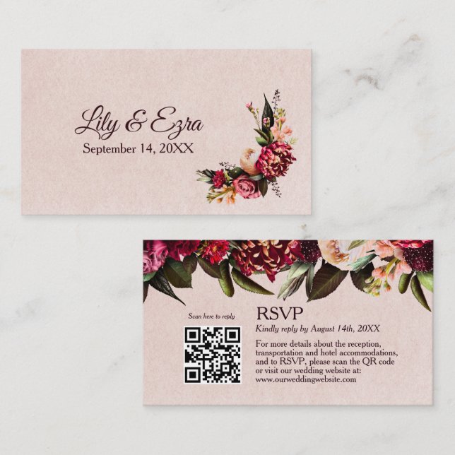 Elegant Burgundy and Blush RSVP Card QR Code (Front/Back)
