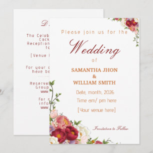 Elegant Burgundy and Crimson Blush Floral Wedding Invitation