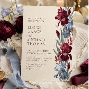 Elegant Burgundy and Dusty Blue Iris Wedding Invitation