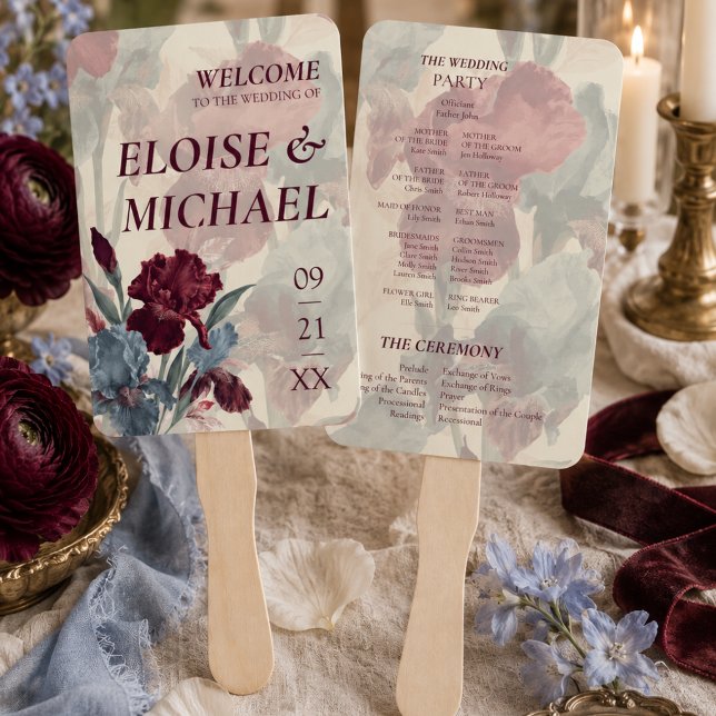 Elegant Burgundy and Dusty Blue Wedding Program Hand Fan (Elegant Burgundy and Dusty Blue Wedding Program Hand Fan)