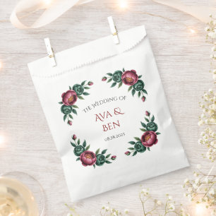 Elegant Burgundy and Emerald Peony Wedding Favour Bags