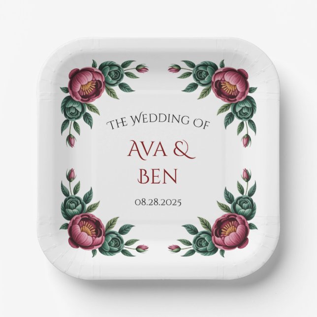 Elegant Burgundy and Emerald Peony Wedding Paper Plate (Front)