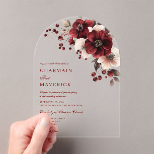 Elegant burgundy and floral Arch Wedding Acrylic Invitations