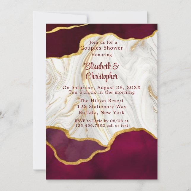Elegant Burgundy and Gold Agate Couples Shower Invitation (Front)