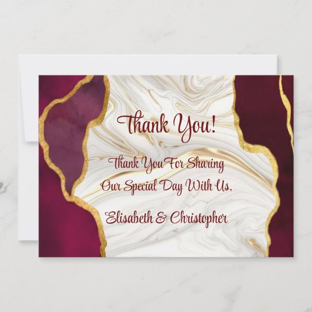 Elegant Burgundy and Gold Agate Thank You Cards (Front)