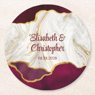 Elegant Burgundy and Gold Agate Wedding Round Paper Coaster