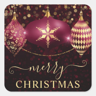 Elegant Burgundy and Gold Baubles Christmas Square Sticker