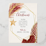 Elegant Burgundy and Gold Beach Tropical Christmas<br><div class="desc">Nautical Boutique Co.'s elegant burgundy and gold foil Christmas card features watercolor maroon and gold tropical greenery and is accented with a pretty watercolor seashell. The text is whimsical hand-lettering paired with modern block typography. The burgundy, gold, and creamy ivory are reminiscent of tropical holidays at the beach. Easily customise...</div>