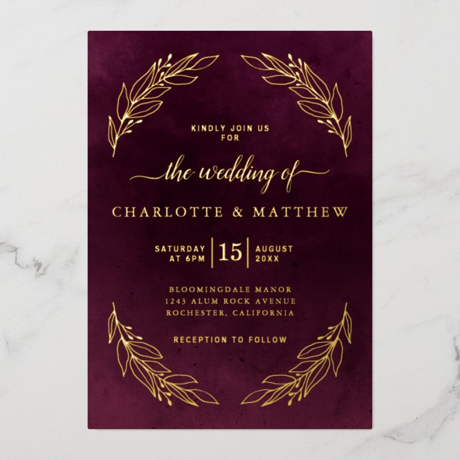 Elegant Burgundy and Gold Botanical Wedding (Front)