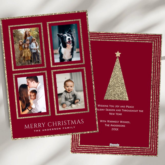 Elegant Burgundy and Gold Christmas Photo Collage Holiday Card (Creator Uploaded)