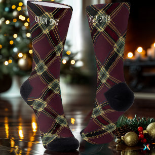 Elegant Burgundy and Gold Christmas Plaid Custom Socks