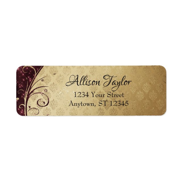Elegant Burgundy and Gold Damask Return Address (Front)