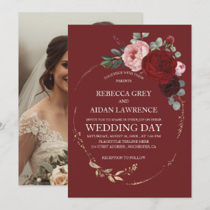Elegant Burgundy and Gold Floral Photo Overlay Invitation