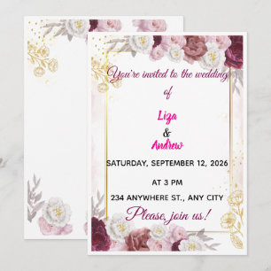 Elegant Burgundy and Gold FloralWedding Invitation