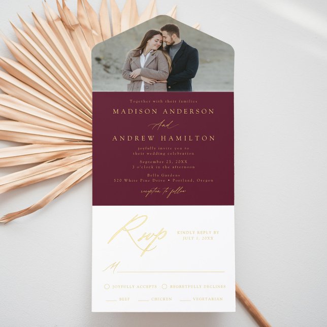 Elegant Burgundy and Gold Foil Calligraphy Wedding All In One Invitation (Creator Uploaded)