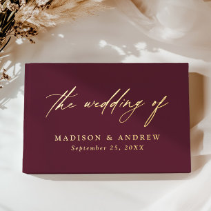 Elegant Burgundy and Gold Foil Calligraphy Wedding Guest Book